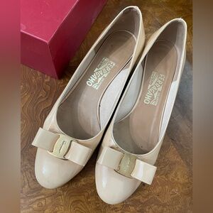 Salvatore Ferragamo Nude Patent Leather Flats with Bow